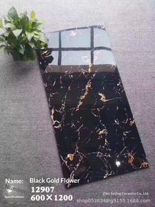 Carreaux en porcelaine de couleur foncée 600x1200mm, Design luxueux motif floral noir doré brillant grands carreaux intérieurs - Product Image 3