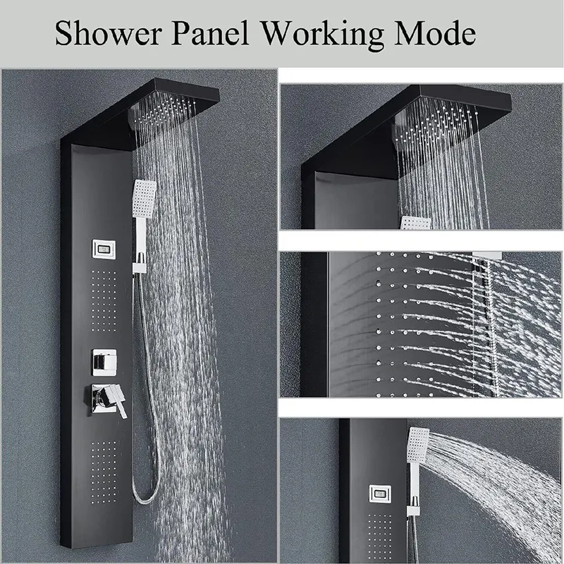 도매 블랙 LED 조명 샤워 수도꼭지 세트 욕실 스파 마사지 샤워 시스템 폭포 비 샤워 패널