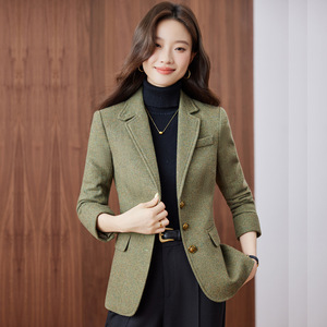 Women's Wool Blazer Brown Solid Color Anti-Wrinkle Autumn Spring Commuter Suit - Product Image 2