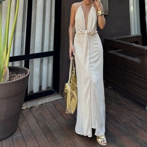 Nuevo Vestido Maxi de Lino Ligero y Elegante con Cuello Halter, Espalda Descubierta y Detalle Cruzado en la Parte Delantera, para Mujer - Product Image 1