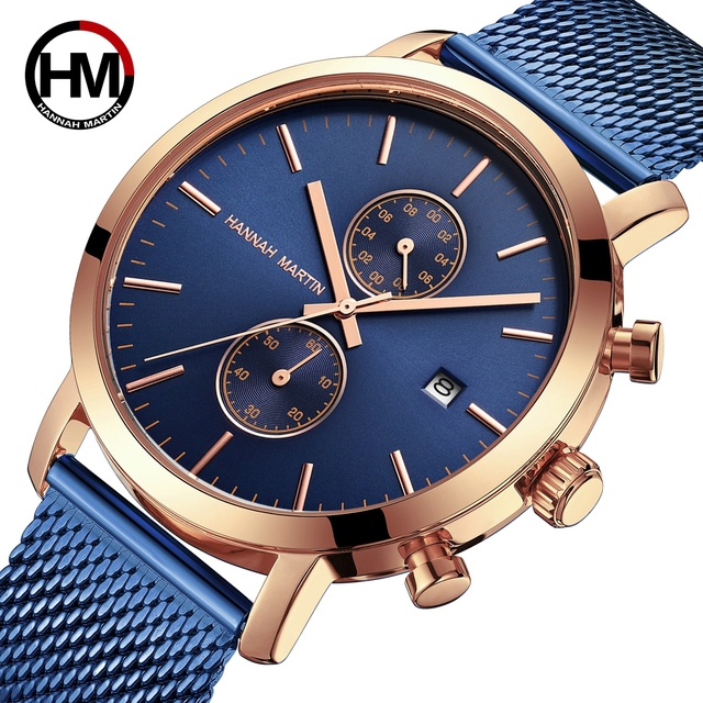 HANNAN MARTIN Watch Factory High-End Luxury Mesh Strap Men's Watch Steel Case 22mm Calendar Quality Branded Sporty Hand Watches