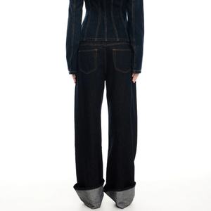 Vente en gros 2024 Jeans baggy chic à ourlet roulé, taille haute vintage, décontractés pour femme, avec revers - Product Image 4