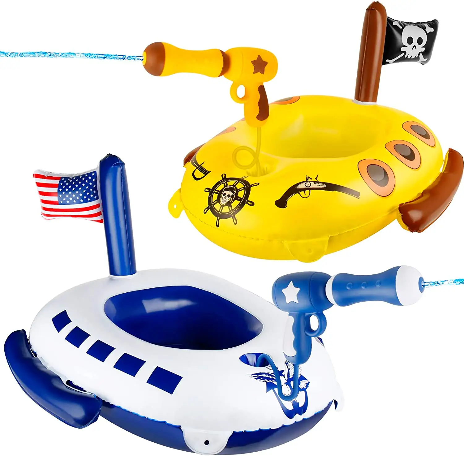 水鉄砲付き2パックキッズプールフロート、幼児用プールフロート、インフレータブルライドオンウォーシップ、海賊船