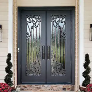 Design European New Grill Latest Design Safety Double Entrance Main Doors Exterior Wrought Iron Door