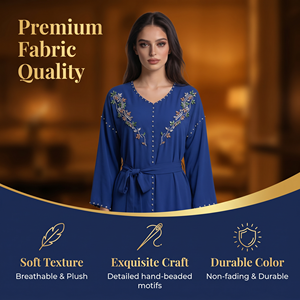 Elegant Muslim Maxi Dress Royal <b>Blue</b> <b>Beaded</b> Long Sleeve Modest Abaya for Eid Occasion Women Boutique Party Wear - Product Image 2
