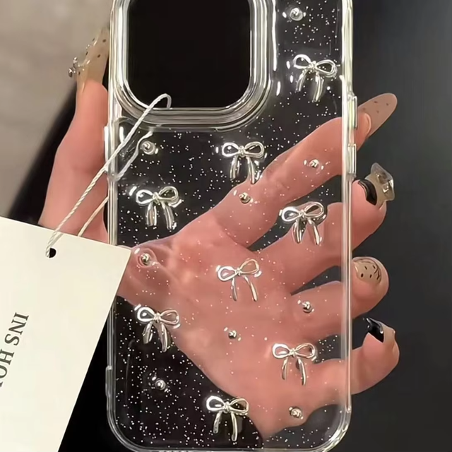 Transparent Cute Glitter Bow Silicone Tpu Phone Case for Iphone 16 15 Pro Max Silver Bowknot Diamond Shockproof Soft Cover Shell