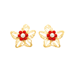 Fashion Stud <b>Earrings</b> 316L Stainless Steel PVD Gold Plating <b>Red</b> Pearl Flower Design - Product Image 2