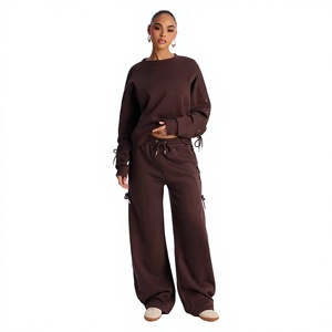 <b>Women's</b> 2 Piece <b>Knitted</b> Cotton Set O-Neck Long Sleeve Loose Fit Solid Color Casual All Seasons <b>Joggers</b> Outfit - Product Image 1