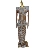 Robe longue de soirée moulante scintillante à manches longues avec strass motif squelette pour Halloween, grande taille, pour femme, tenue de scène pour chanteuse