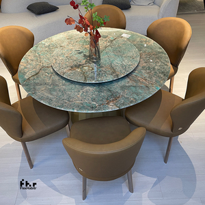 Ensemble de table à manger rectangulaire moderne avec plateau en marbre, chaises en cuir PU beige, pieds en métal noir pour restaurant, hôtel - Product Image 6