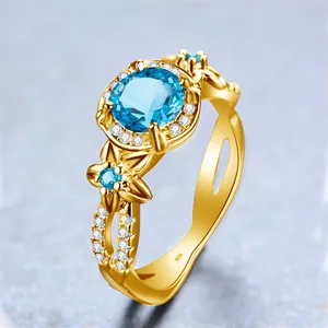 高品质宫廷风格精品珠宝bijoux femme设计师伦敦蓝色黄玉女金色纯银戒指