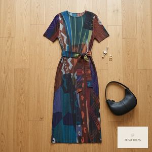 <span class=keywords><strong>Robe</strong></span> plissée <span class=keywords><strong>longue</strong></span> décontractée style Miyake, taille naturelle, imprimé vintage, coupe irrégulière, respirante, forme trapèze - Product Image 2