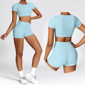 Conjunto Deportivo de Yoga de 2 Piezas para Mujer, Top de Secado Rápido, Shorts de Verano para Gimnasio, Manga Corta, Bra Deportivo para Correr - Product Image 1