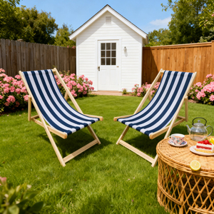 Chaise longue pliante Populus Wood Sling Chair à rayures bleues, 2 pièces, mobilier de jardin extérieur - Product Image 3