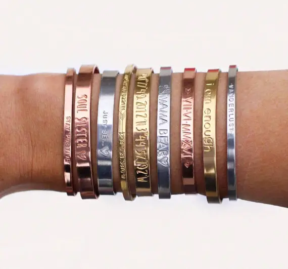 Personalized Mantra Band Cuff Bracelet Engraved Quotes Stacking Bangle Customized Cuff Hand Stamped Bracelet Cuffs