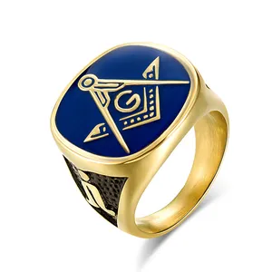 European and American Freemasonry Golden Male Ring Titanium Steel Church Men's Ring Brotherhood Ring