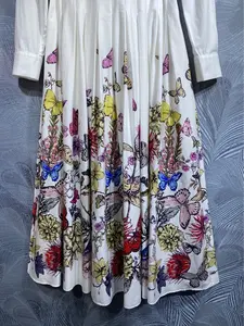 100%Cotton Long Dress 2024 Spring Designer Fashion Dress Women Turn-down Collar Colorful Butterfly Prints Long Sleeve Dress Maxi