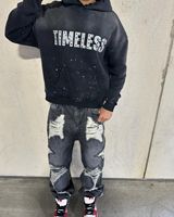 Sweat à capuche personnalisé en coton molletonné épais délavé à l'acide et vieilli pour homme, taille 6XL, avec poche premium ornée de strass