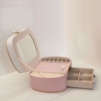 Boîte à bijoux en gros avec serrure à code, motif chat de dessin animé mignon JD-Meow, miroir intégré, multicouche, en cuir, grande capacité