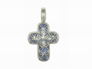 Colgante de Cruz Plateado con Cristales Azules Zafiro y Piedra Central Transparente, Joyería Brillante - Product Image 2