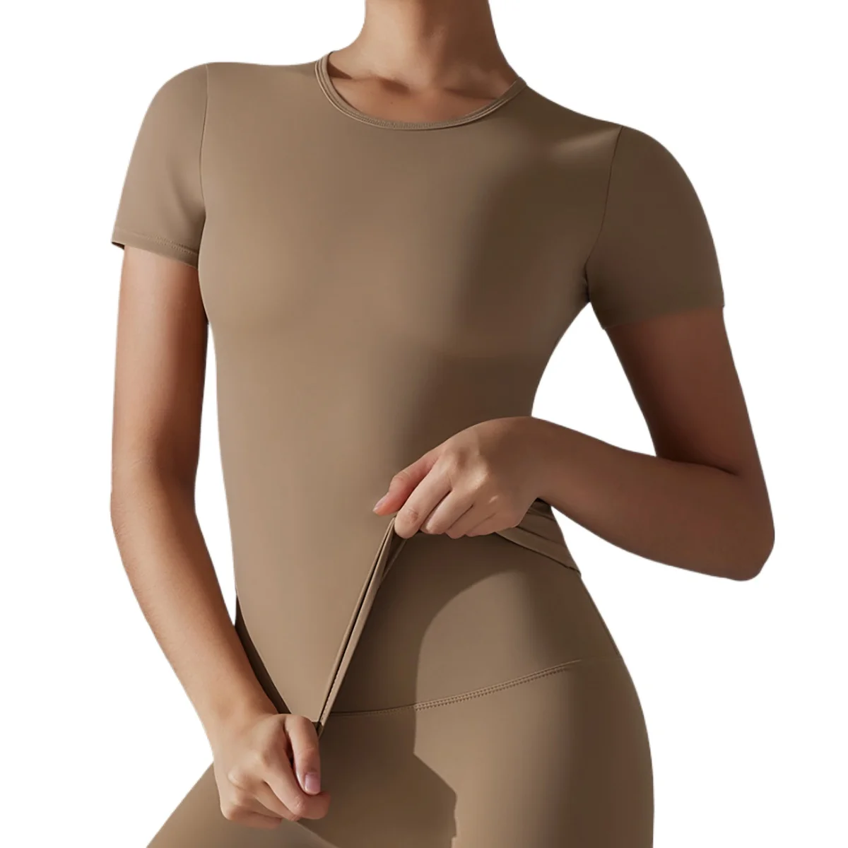 Solid Color Double-sided Brushed High Elastic Tight Breathable Yoga Clothing Sports Running Fitness Short Sleeve T-shirt