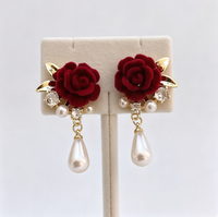 Anting Gantung Kristal Mutiara Imitasi Bunga Mawar Beludru Paduan Seng, Perhiasan Pesta Pernikahan Romantis Vintage, Hadiah untuk Wanita