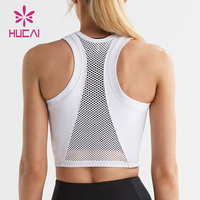 HUCAI OEM ODM Blanc Col Haut Couverture Complète Respirant Gym Running Workout Fitness Crop Mesh débardeur Femmes