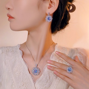 Fashion Eco-friendly Copper Gold 12-10mm Gradient Zircon Vintage Floral Pendant <b>Earrings</b> Ring 3-Piece Jewelry <b>Set</b> for Party - Product Image 6