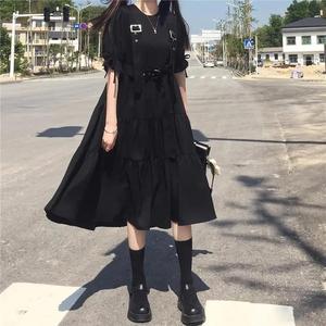 Rétro petite robe noire à manches courtes 2021 été longue section était mince tempérament à la mode costume jupe robe tout match - Product Image 3