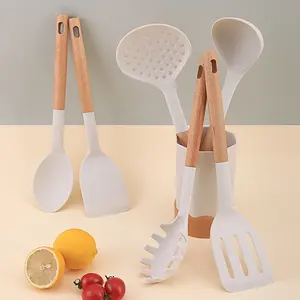 Pentole manico spatola fruste per uova accessori antiaderente in Silicone di lusso portatile in legno Set di utensili da cucina personalizzati