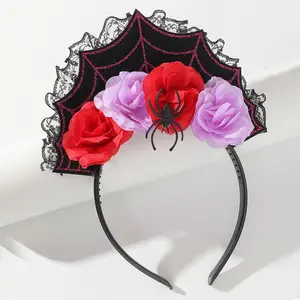 New Black Mesh Hair Band with Pirate Ghost Flower for Halloween and Christmas Party Carnival Spider Hair Style