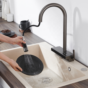 Robinets mitigeurs d'évier de cuisine modernes en acier inoxydable 304 avec cascade de pluie, robinet <span class=keywords><strong>noir</strong></span> de luxe posé - Product Image 3