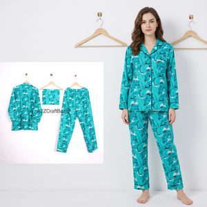 Ensemble de pyjama d'été bohème à imprimé floral 100% coton respirant, doux et romantique pour femmes, taille élastique, haut et bas à manches longues - Product Image 1
