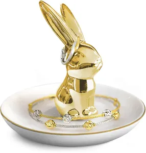 Witte Keramische Sieraden Keramische Bunny Rabbit Ring Decoratieve Houder Goud & Wit | Ring, Armband, Sieraden, trinket Lade/Schotel |