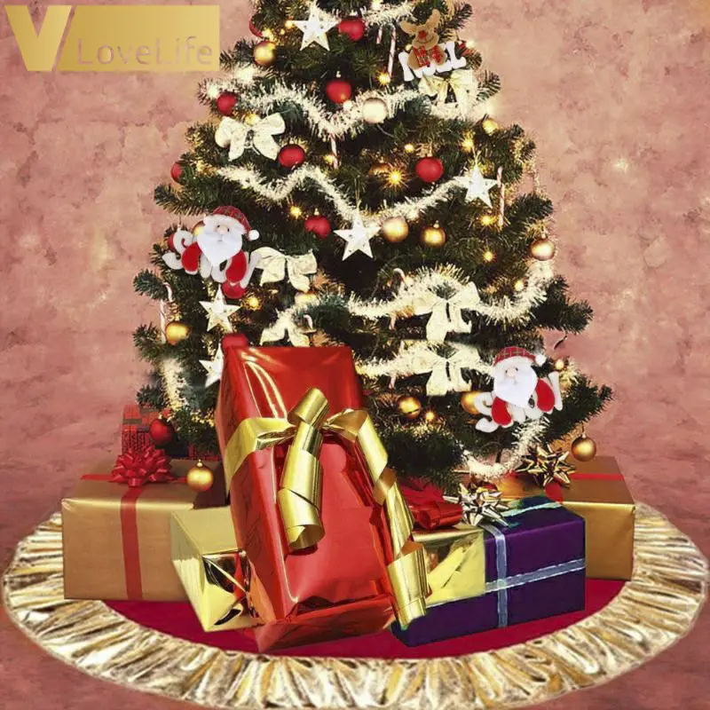 Vlovelife 1 pièces 35 Pouces Jupe D'arbre De Noël Rouge Côté Doré Bord À Volants Arbre Ornement Pour La Fête De Noël Arbre Décors