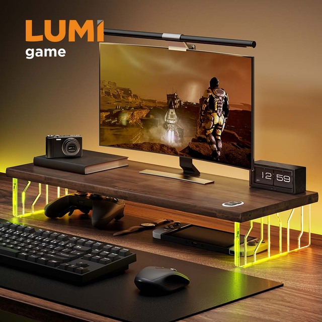 STB33-01 RGB Gaming Monitor Riser Stand with LED Lights Wooden and Acrylic Computer Storage Shelf Stand