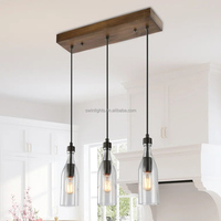 Lustre rectangulaire unique à 3 lumières avec accents en bois Suspension en verre pour salle à manger