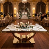 Table de banquet de luxe en acier inoxydable doré avec piétement, plateau rond ou rectangulaire en verre MDF ou miroir, pour événements et mariages