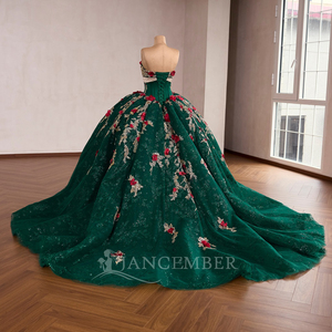 Vestido de Quinceañera de Gasa con Escote Corazón Rsm261038, Mangas Desmontables, Espalda de Encaje, Lentejuelas, Bordados y Apliques, Cola Watteau - Product Image 4
