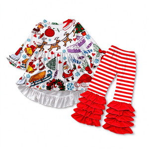 Conjunto de 2 piezas de ropa para niñas con estampado de seda de leche, blusa de manga larga con volantes y pantalones con volantes, ropa navideña para niños - Product Image 1