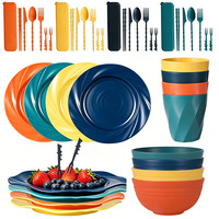 Groothandel 4 Kleuren Tarwe Stro Spirale Serviesset Borden Schalen Bekers Met Draagbare Besteksets Buiten Camping Tafelgerei