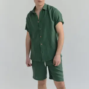 단색면 반바지와 셔츠 린넨 의류 남자면 느슨한 여름 인쇄 직물 남성 정장 세트 셔츠 남성 캐주얼