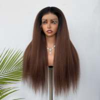 Perruque Lace Frontale Kinky Straight Marron Chocolat Sans Colle, Raie Libre, Couleur Naturelle, 100% Cheveux Humains Véritables