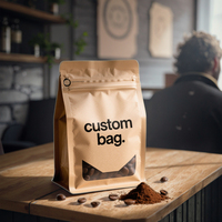 Sac plat en papier kraft imprimé personnalisé avec fermeture éclair refermable et valve, pour l'emballage de grains de café et de thé, avec fenêtre transparente