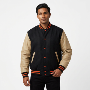 Chaqueta Varsity Personalizada con Logotipo Bordado en Lana, Estilo Letterman, Cuello Alto, Manga Lisa, para Hombre - Product Image 1