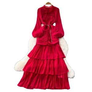 Nuovo Abito Lungo da Donna di Alta Gamma con Cuciture in <span class=keywords><strong>Pizzo</strong></span>, <span class=keywords><strong>Maniche</strong></span> a Lanterna e Volant in Vita - Product Image 2