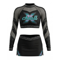 Uniforme de Porristas para Mujer, Manga Larga, Dos Piezas, Cuello Alto, con Pedrería, Spandex, Traje Brillante para Equipo