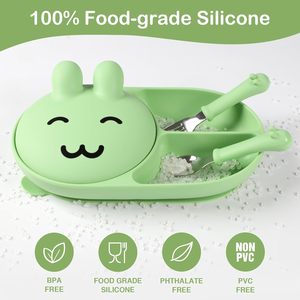 Nouvelle sortie : Assiette d'alimentation pour bébé en silicone réutilisable, incassable et compatible micro-ondes, ensemble repas bébé Lapin avec cuillère et fourchette - Product Image 2