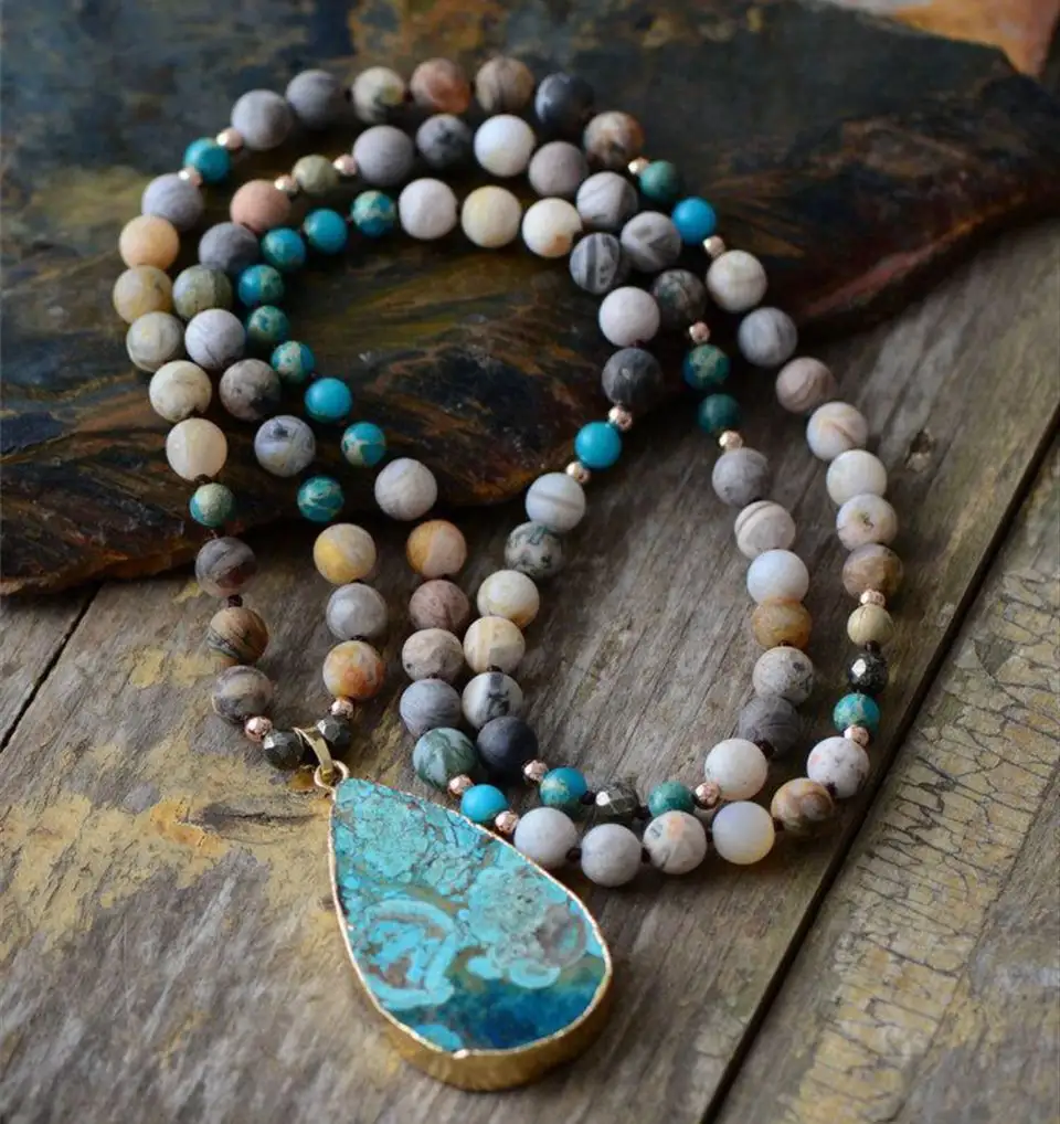Bohemian Ethnic Vintage Genuine Blue Natural Ocean Crystal Stone Beaded Water Drop Pendant Long Necklace For Women Men