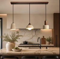 Suspension en travertin naturel, ensemble de 3 pièces avec barre de fixation en bois et abat-jour en forme de cloche et de cylindre pour îlot de cuisine et hôtel